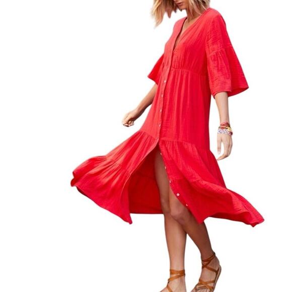 Xirena Kendall Midi Dress Women Medium Red Gauzy Pockets Relaxed Fit Slight Fade - Picture 1 of 16